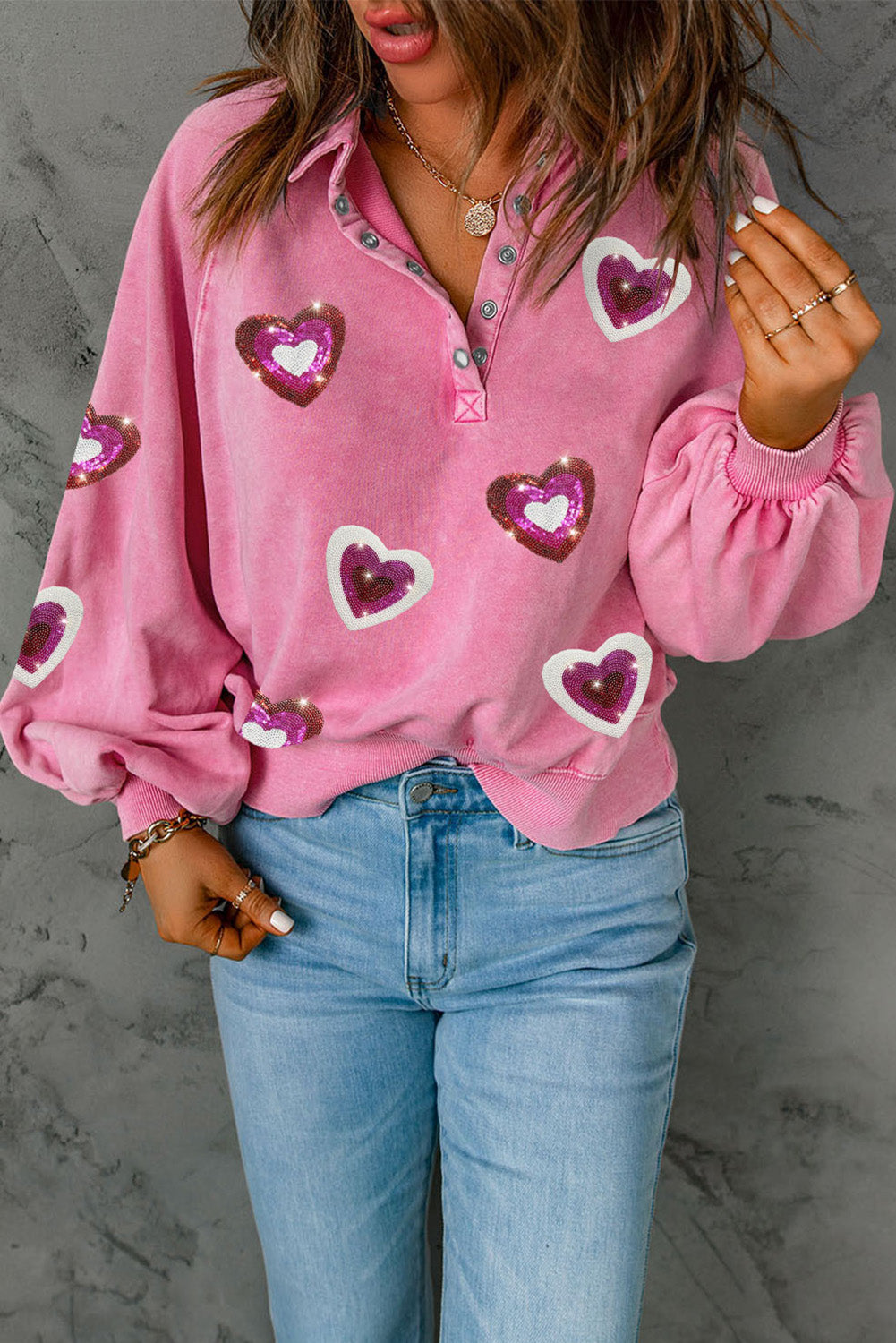 Heart Sequin Half Snap Collared Neck Sweatshirt