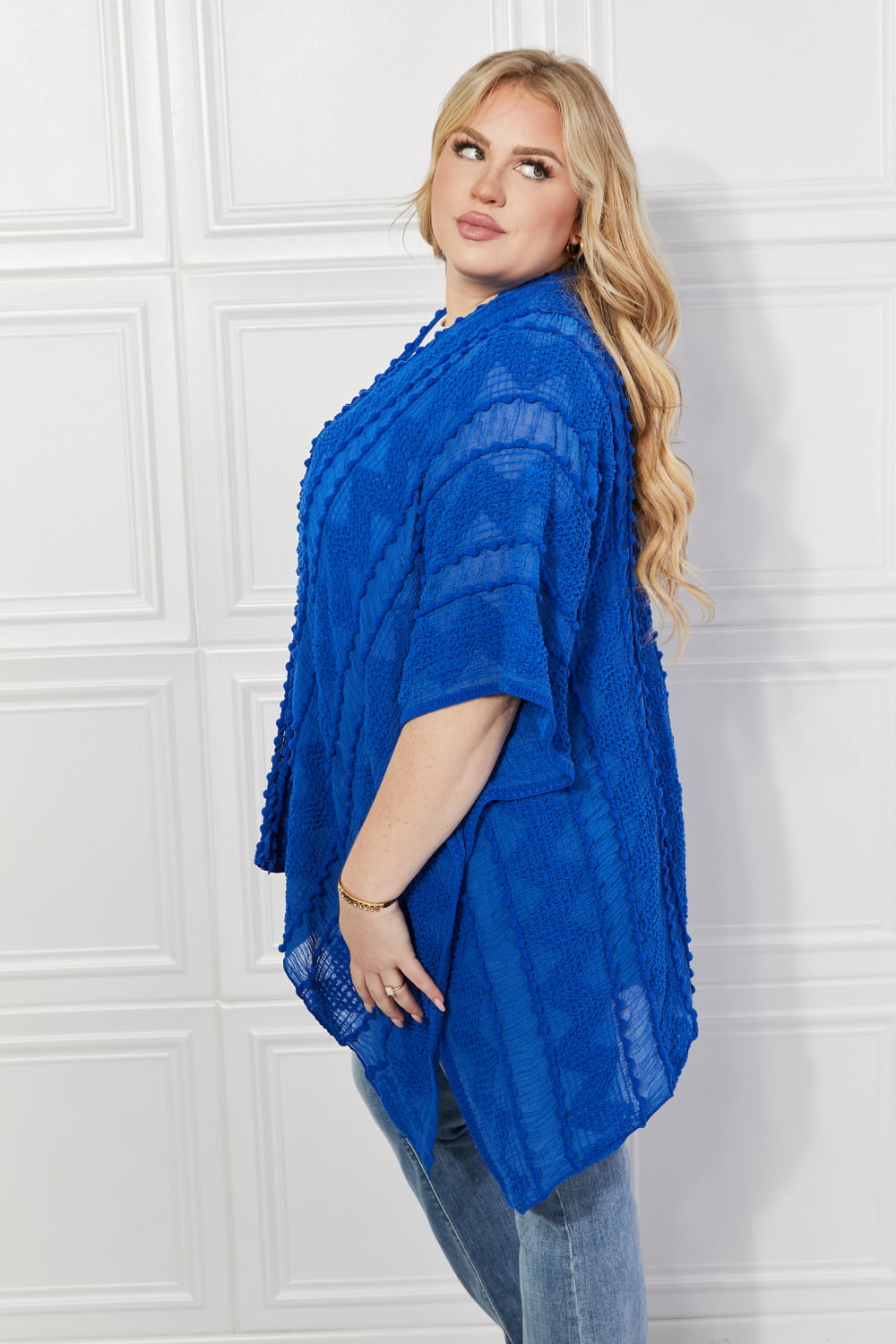 Justin Taylor Pom-Pom Asymmetrical Poncho Cardigan in Blue