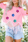 Sequin Flower Round Neck Half Sleeve T-Shirt