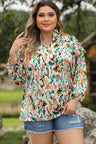 Plus Size Printed Ruffle Trim Long Sleeve Blouse