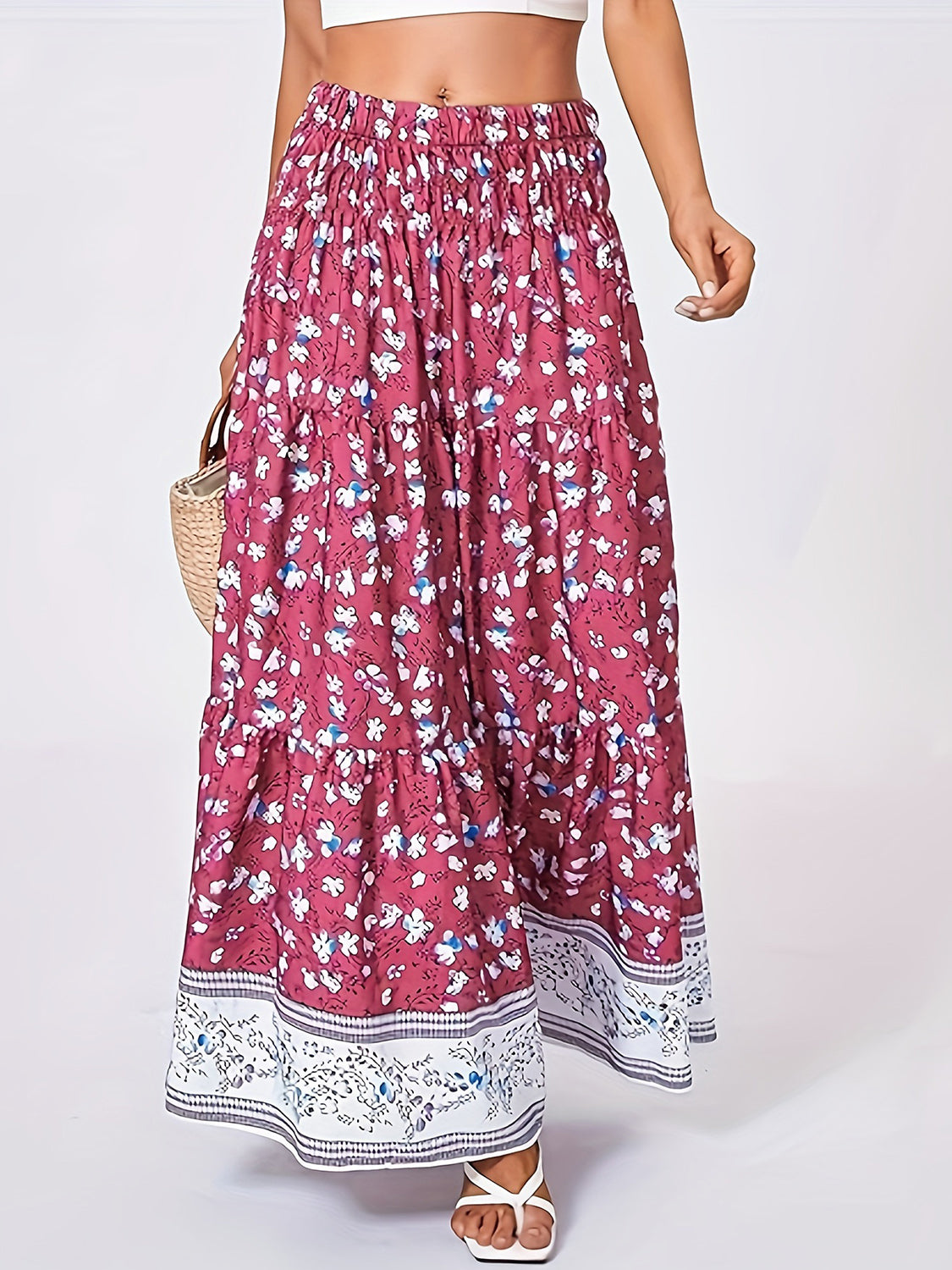 Full Size Tiered Printed Elastic Waist Skirt