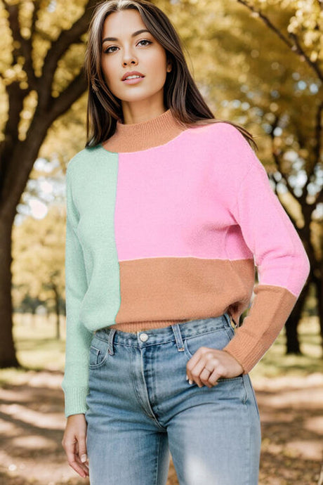 Color Block Mock Neck Dropped Shoulder Sweater