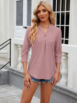 Eyelet Notched Three-Quarter Sleeve Blouse