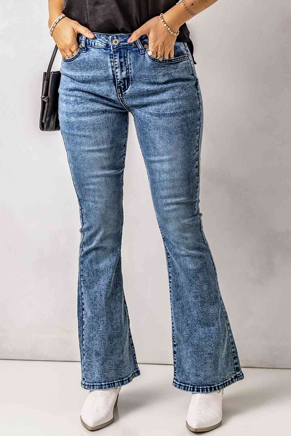 Baeful Vintage Wash Flare Jeans with Pockets