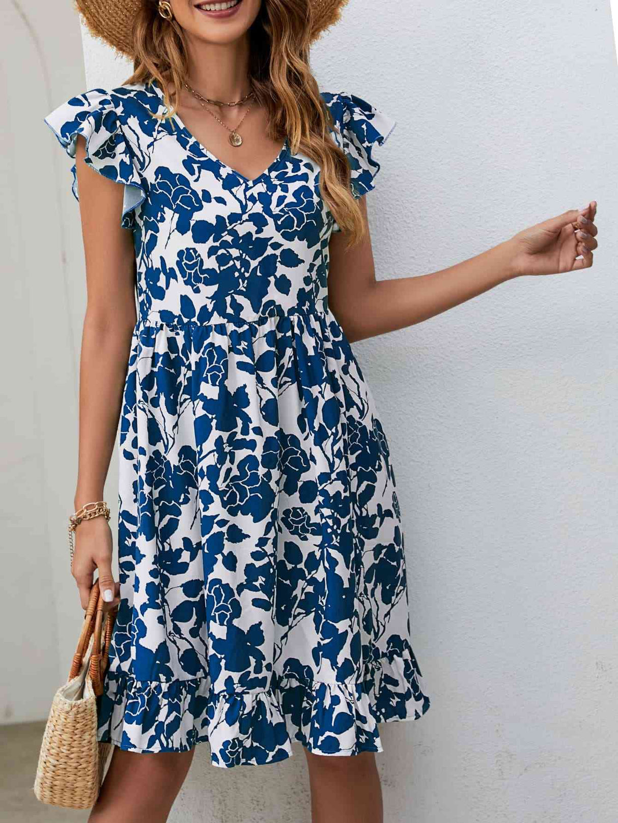 Floral V-Neck Flutter Sleeve Dress