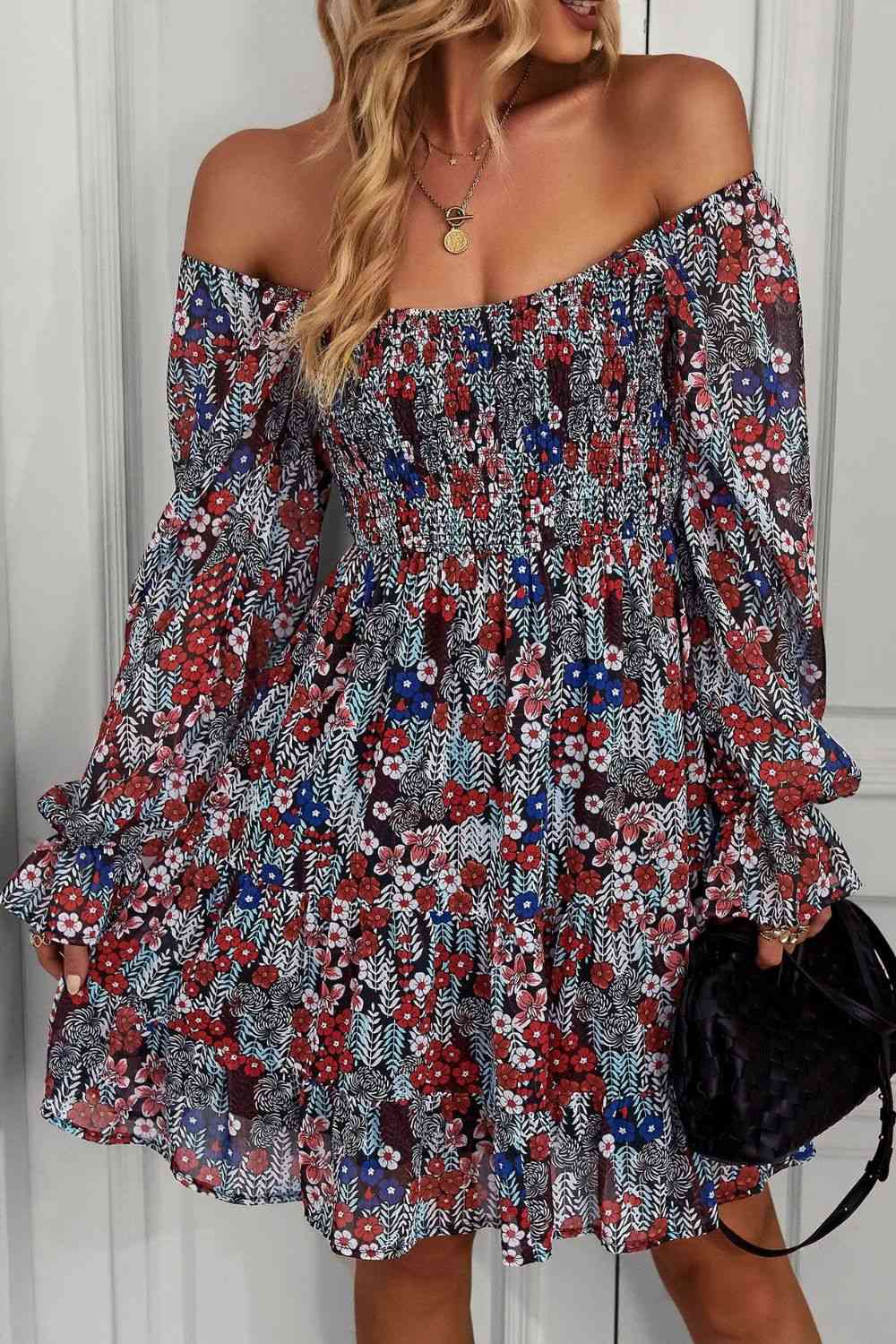 Floral Long Flounce Sleeve Square Neck Dress