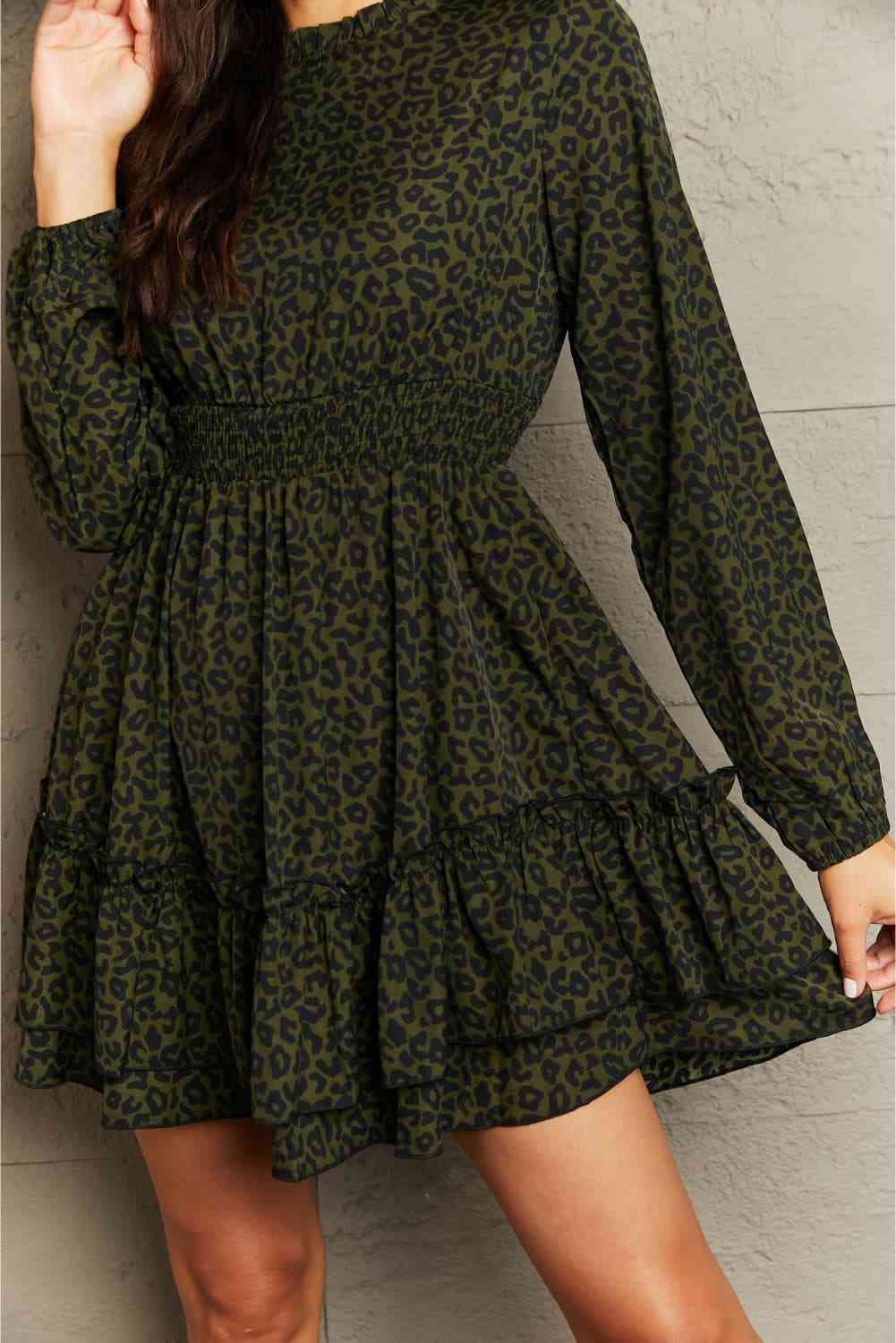 Leopard Smock Waist Long Sleeve Dress