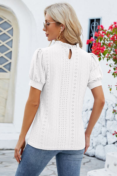 Frill Mock Neck Short Sleeve Eyelet Blouse