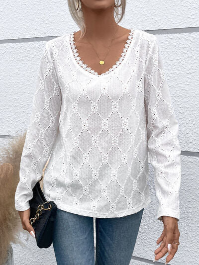 Eyelet V-Neck Long Sleeve T-Shirt