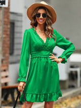 Ruffle Trim V-Neck Flounce Sleeve Dress