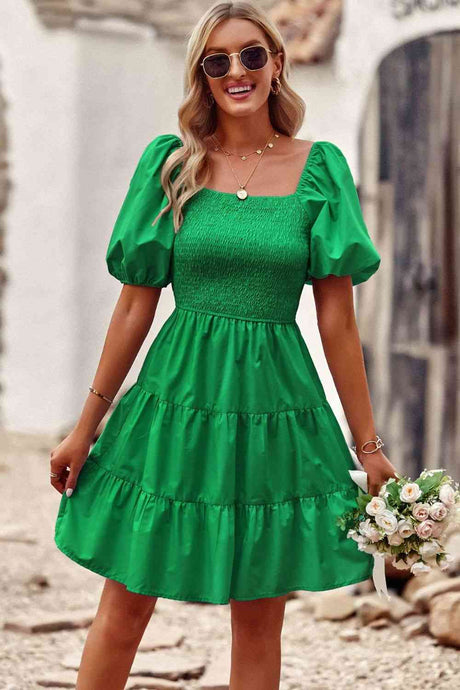 Balloon Sleeve Square Neck Smocked Midi Dress