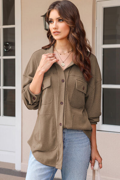 Button Up Pocketed Dropped Shoulder Jacket