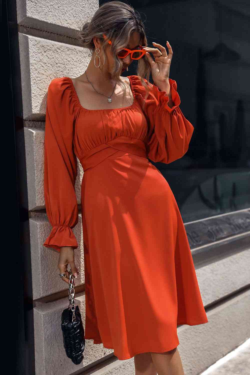 Square Neck Flounce Sleeve Midi Dress