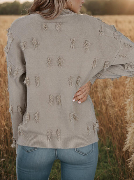 Fringe Detail Long Sleeve Mock Neck Sweater