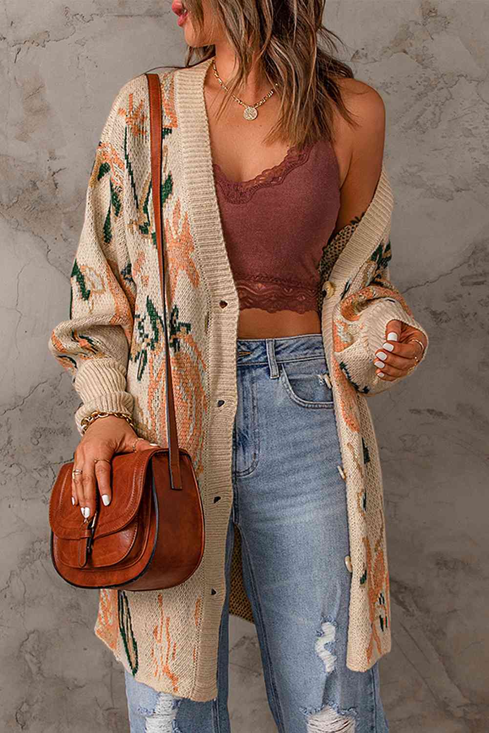 Woven Right Floral Pattern Ribbed Trim Cardigan