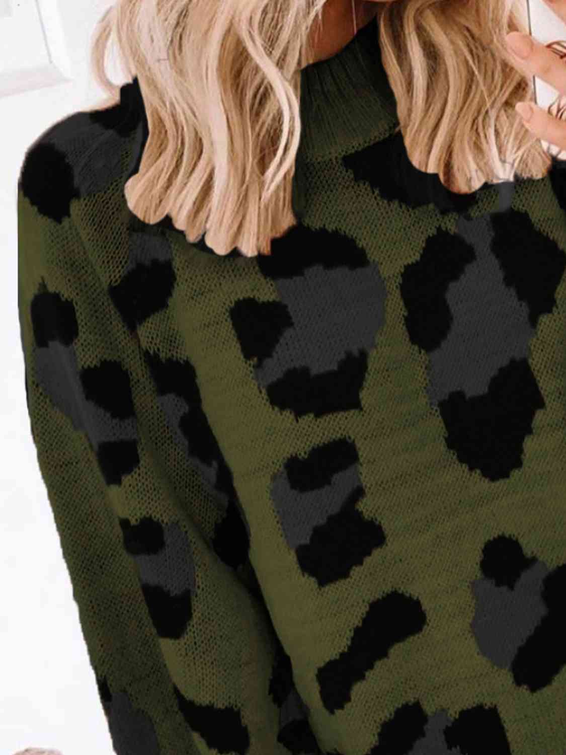 Leopard Mock Neck Dropped Shoulder Sweater