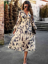 Printed V-Neck Long Sleeve Midi Dress