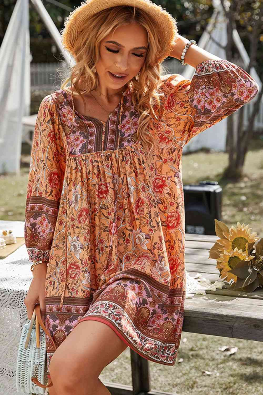 Bohemian Tie Neck Balloon Sleeve Dress