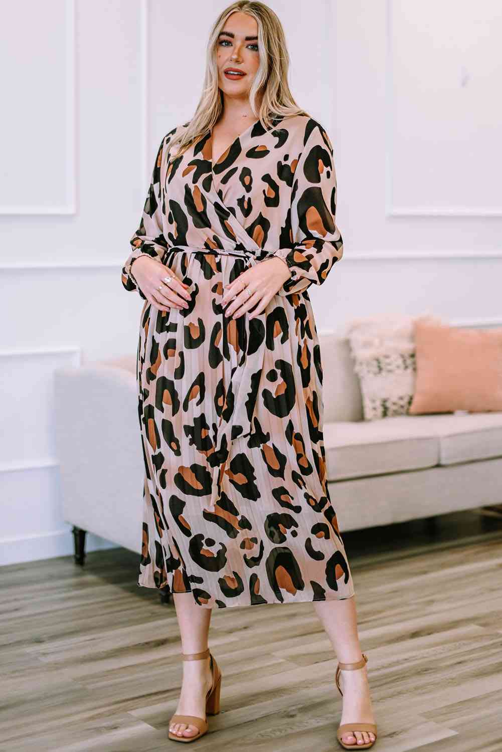 Plus Size Leopard Print Surplice Neck Long Sleeve Midi Dress