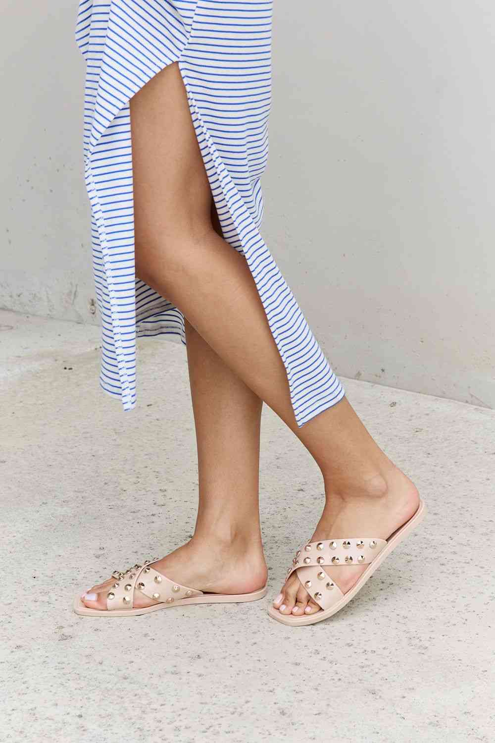 Forever Link Studded Cross Strap Slide Sandal