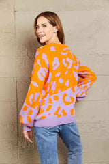 Woven Right Leopard Round Neck Dropped Shoulder Sweater