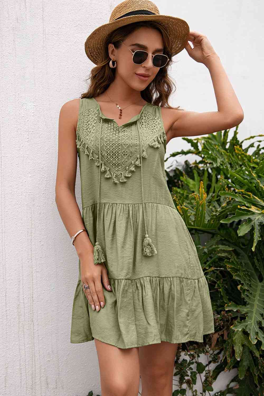 Tassel Tie Lace Trim Sleeveless Dress