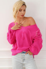 Pearl Detail V-Neck Long Sleeve Sweater