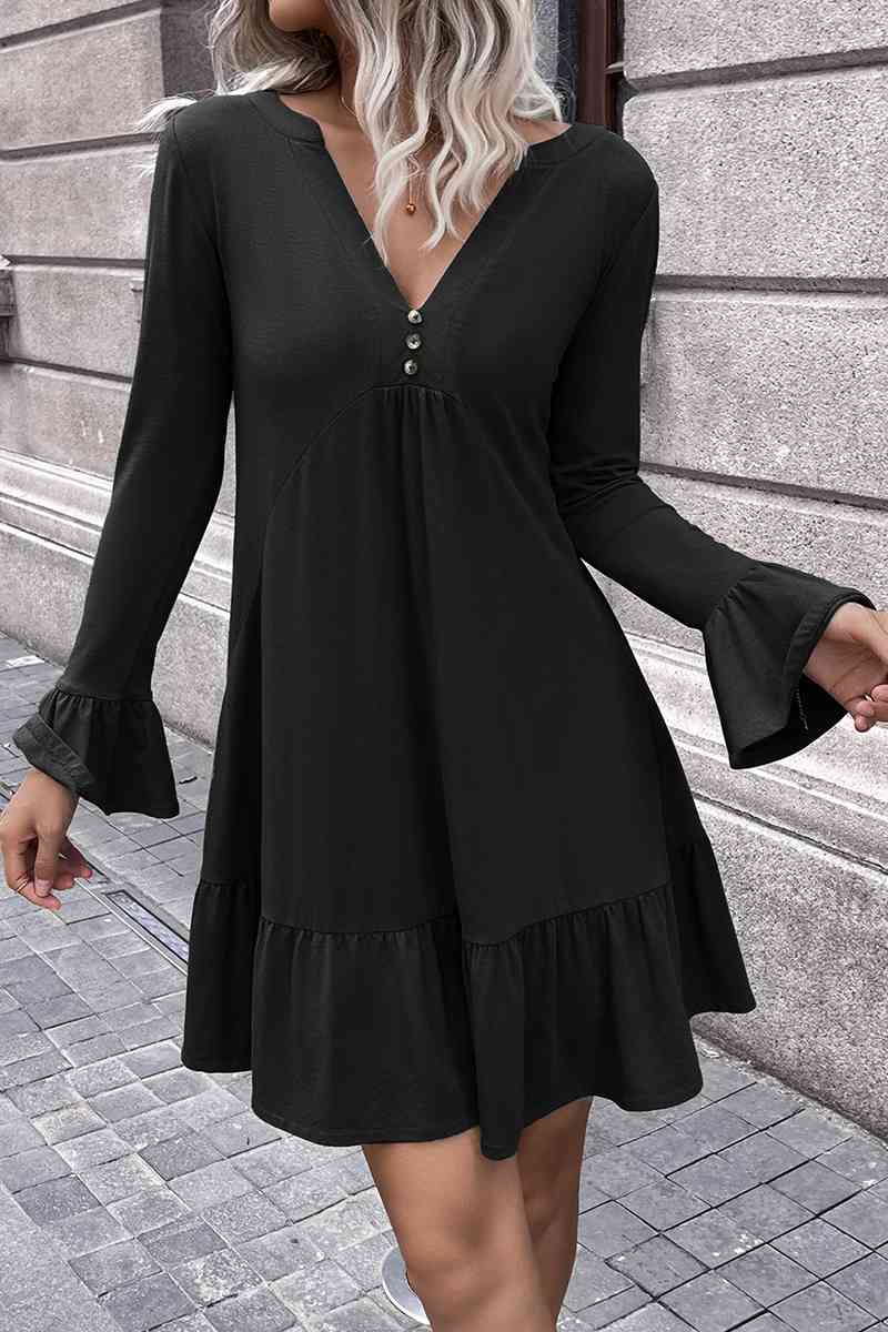 V-Neck Flounce Sleeve Ruffle Hem Mini Dress