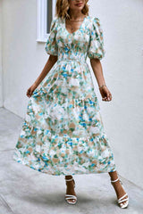 V-Neck Balloon Sleeve Smocked Midi Dress