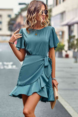 Round Neck Flutter Sleeve Ruffled Dress