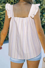 Striped Embroidered Square Neck Butterfly Sleeve Tank