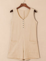 Waffle-Knit Half Button Sleeveless Romper with Pockets