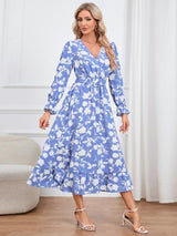 Floral Surplice Flounce Sleeve Ruffle Hem Dress