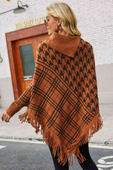 Houndstooth Turtleneck Fringe Hem Poncho