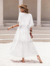 Tassel Trim Smocked V-Neck Short Sleeve Dress