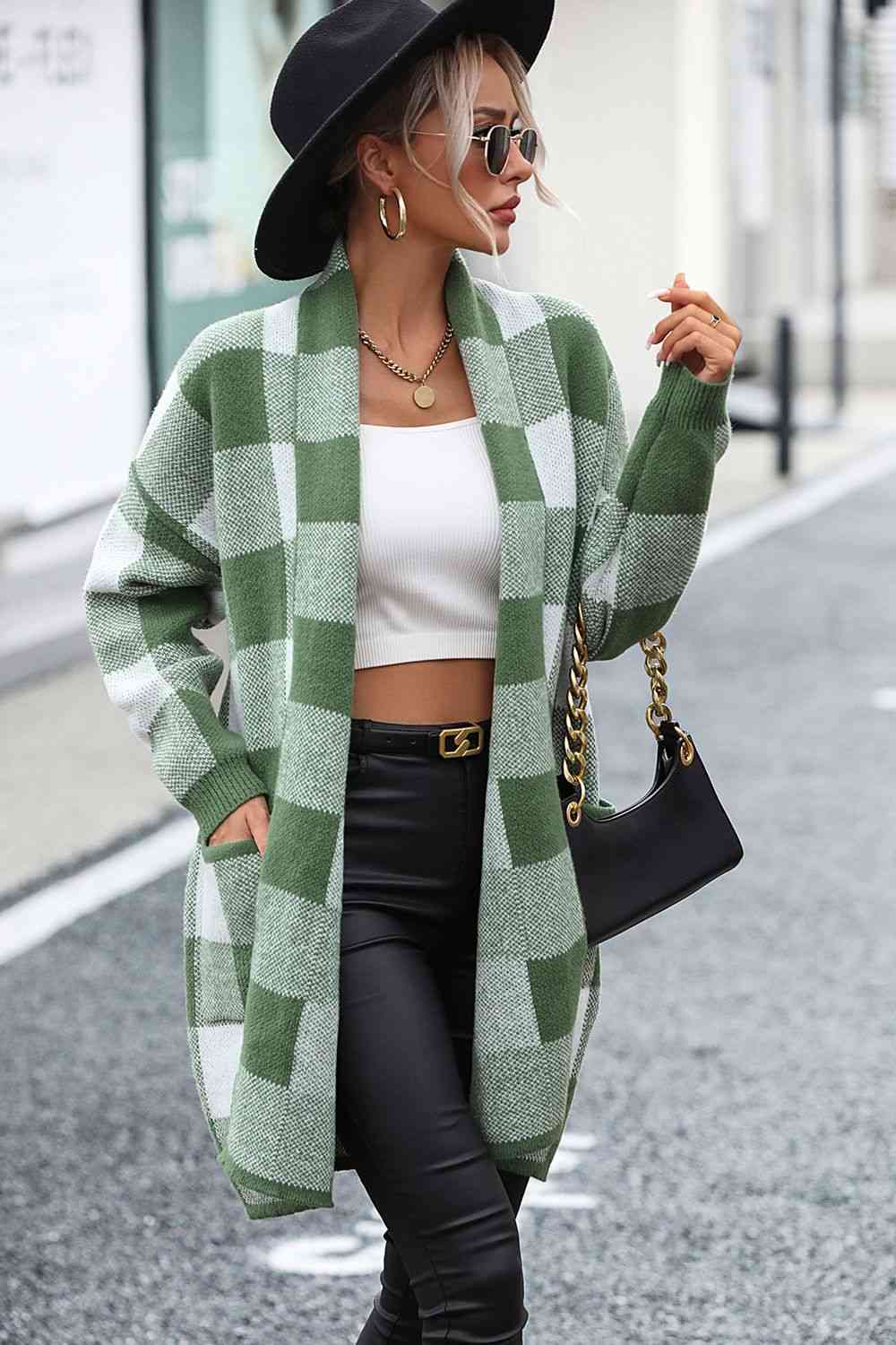 Plaid Dropped Shoulder Cardigan with Pocket