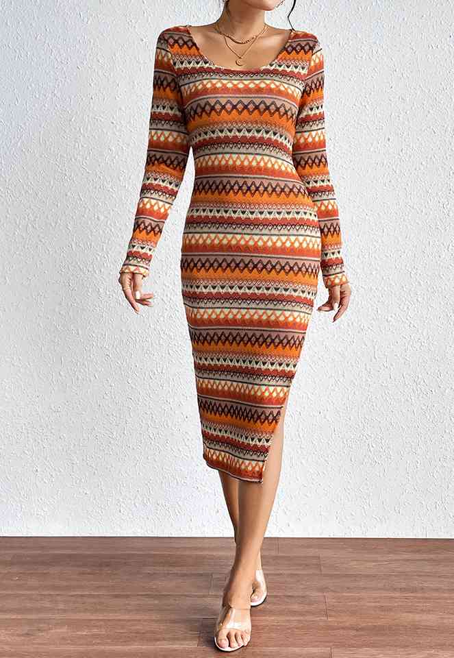 Printed Scoop Neck Slit Pencil Dress