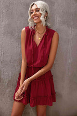 Tie Neck Frill Trim Sleeveless Mini Dress