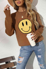 Round Neck Long Sleeve Smily Face Graphic Sweater