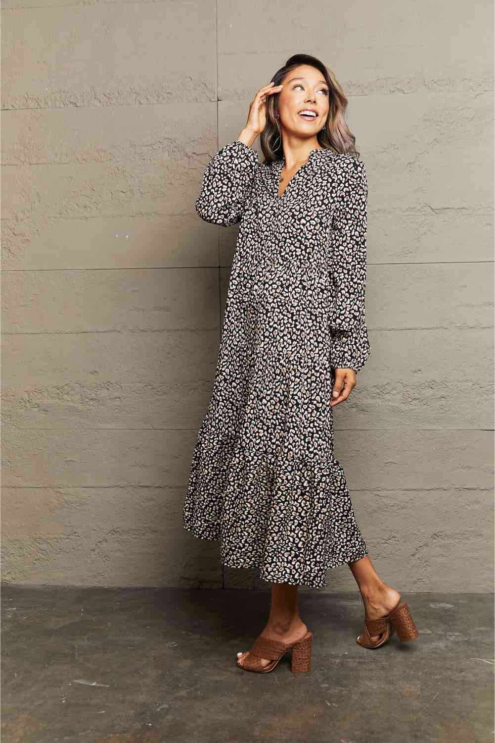 Notched Neck Long Sleeve Midi Dress