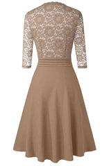 V-Neck Lace Detail Knee-Length Dress