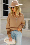 Two-Tone Long Sleeve Zip-Up Knit Top