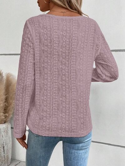 Openwork Half Button Long Sleeve Blouse