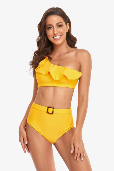 Ruffled One-Shoulder Buckled Bikini Set