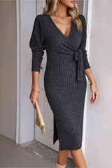 Surplice Neck Tied Ribbed Dress