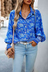 Printed Collared Neck Smocked Lantern Sleeve Shirt