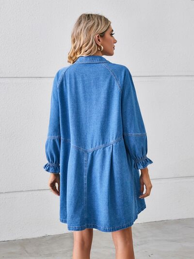 Button Up Flounce Sleeve Mini Denim Dress