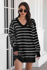 Striped V-Neck Sweater Dress