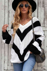 Woven Right Chevron Cable-Knit V-Neck Tunic Sweater