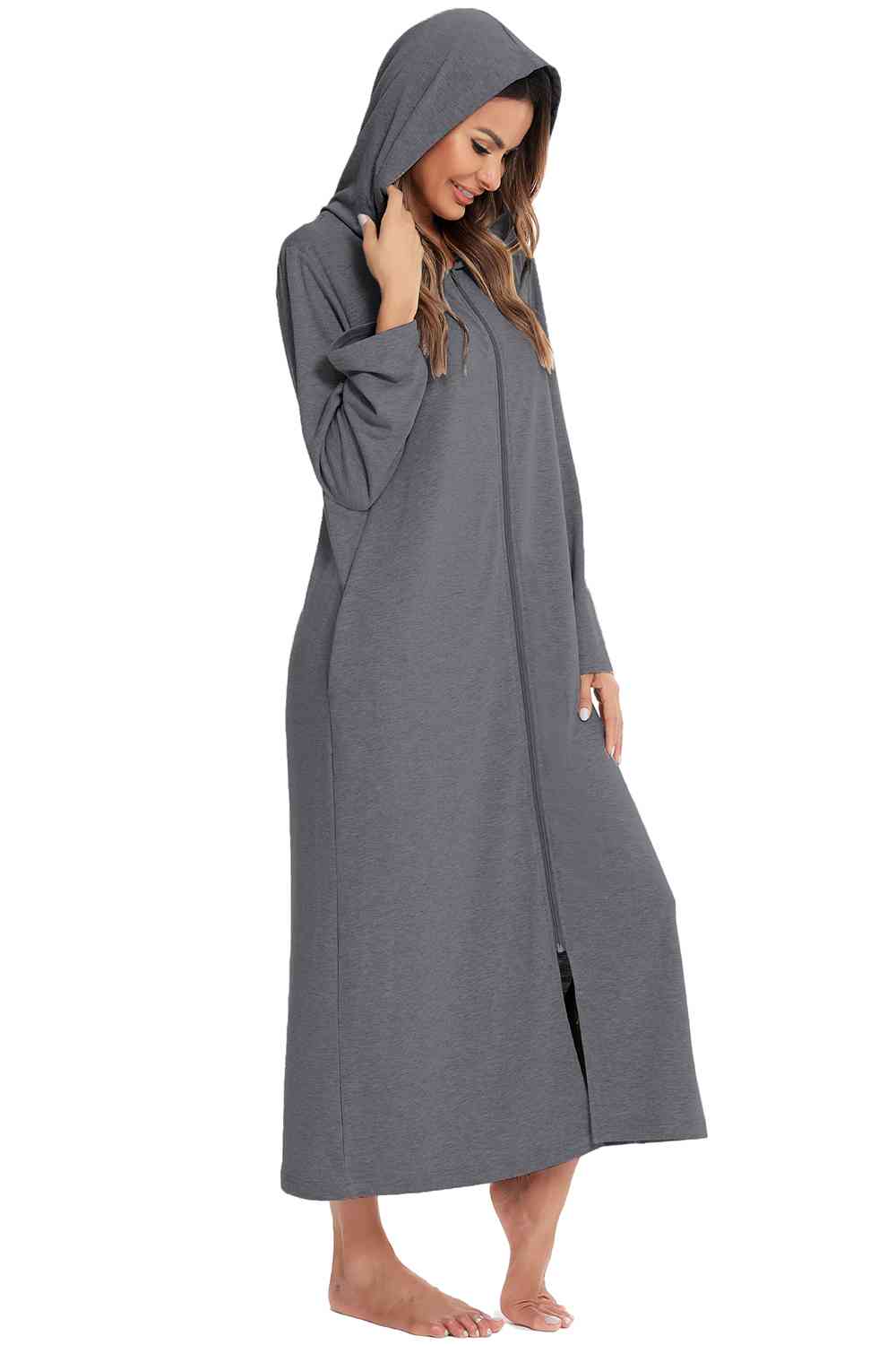 Zip Front Hooded Night Dress with Pockets